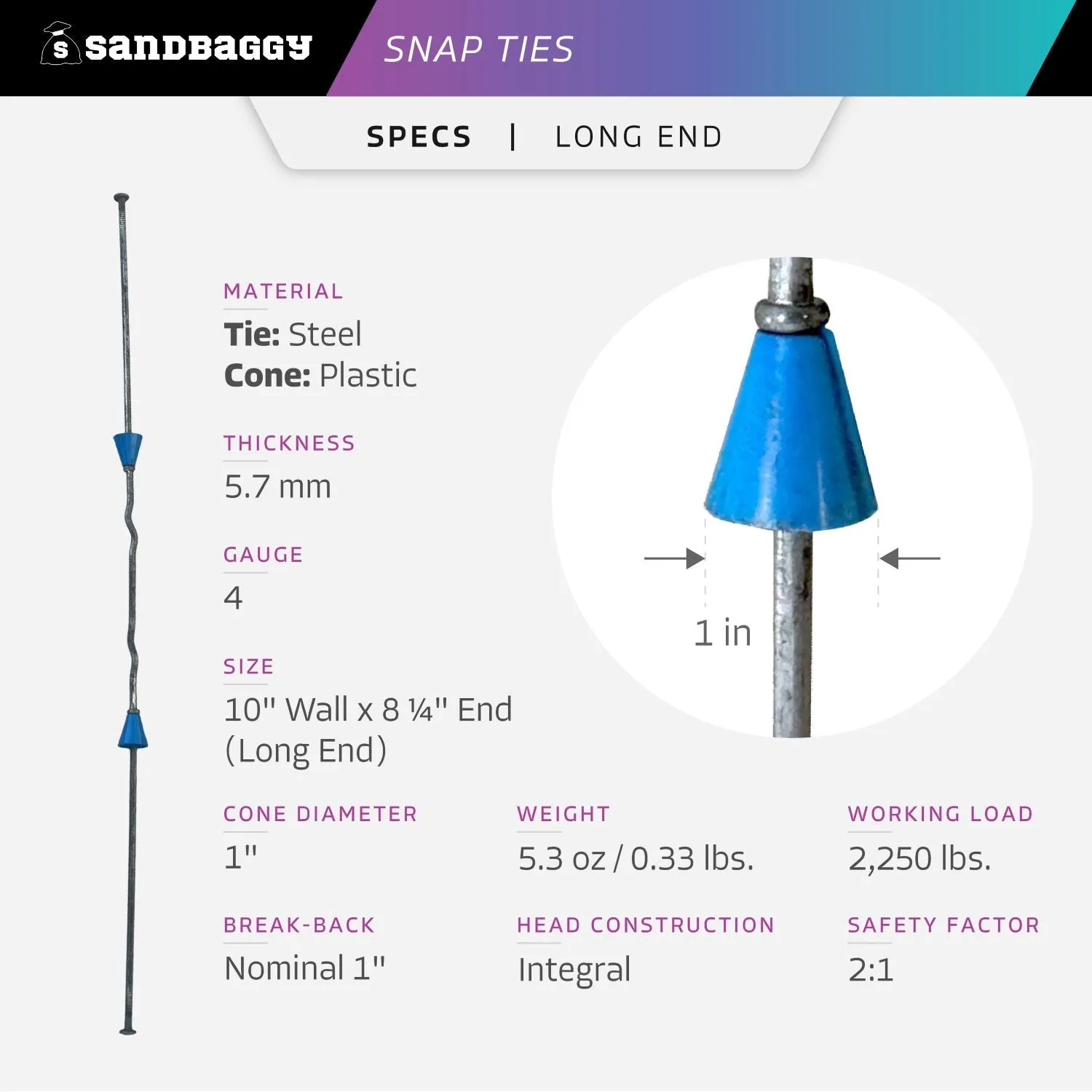 10" x 8 ¼" Standard Snap Ties For Concrete Forms (Long  End) - 1" Plastic Cones