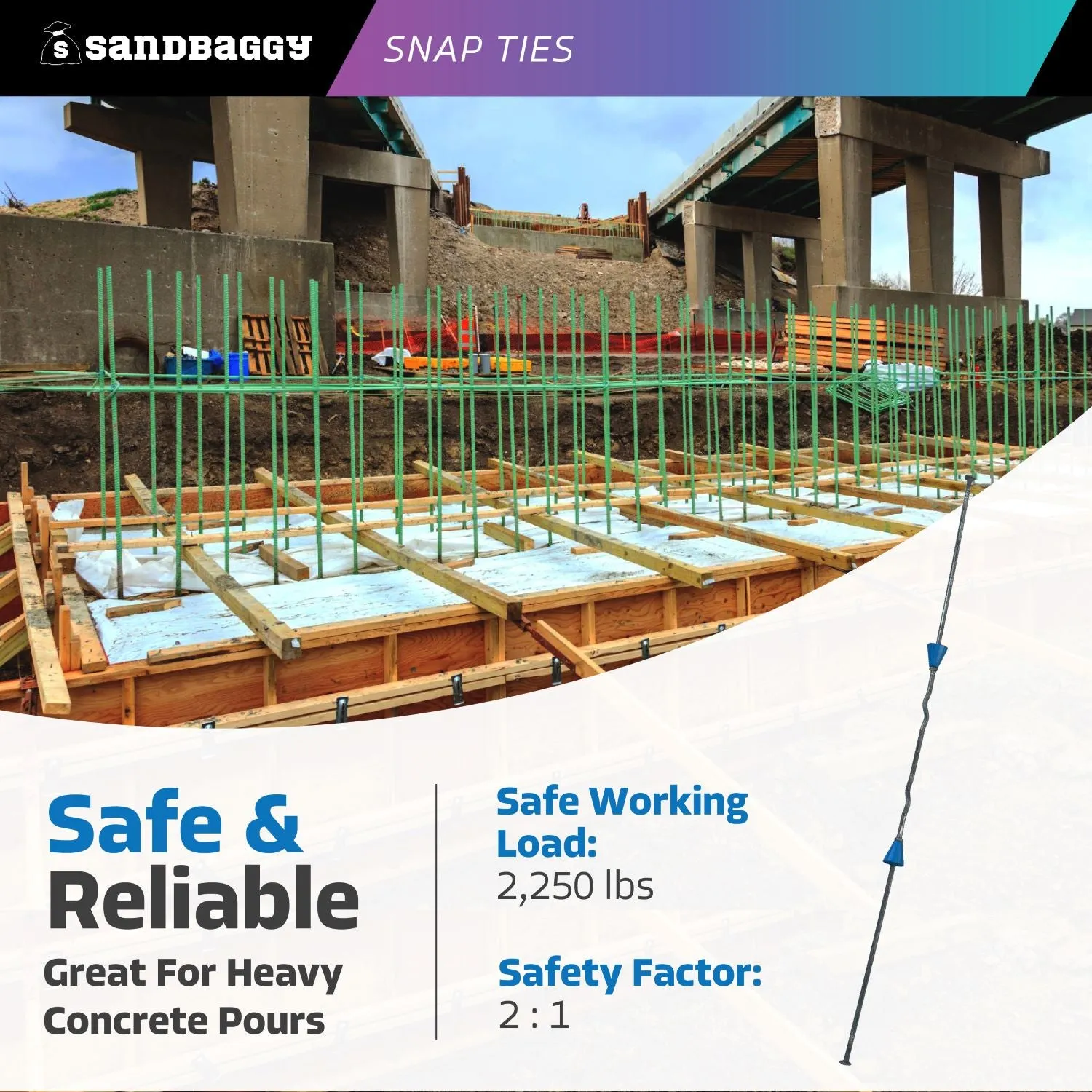 10" x 8 ¼" Standard Snap Ties For Concrete Forms (Long  End) - 1" Plastic Cones