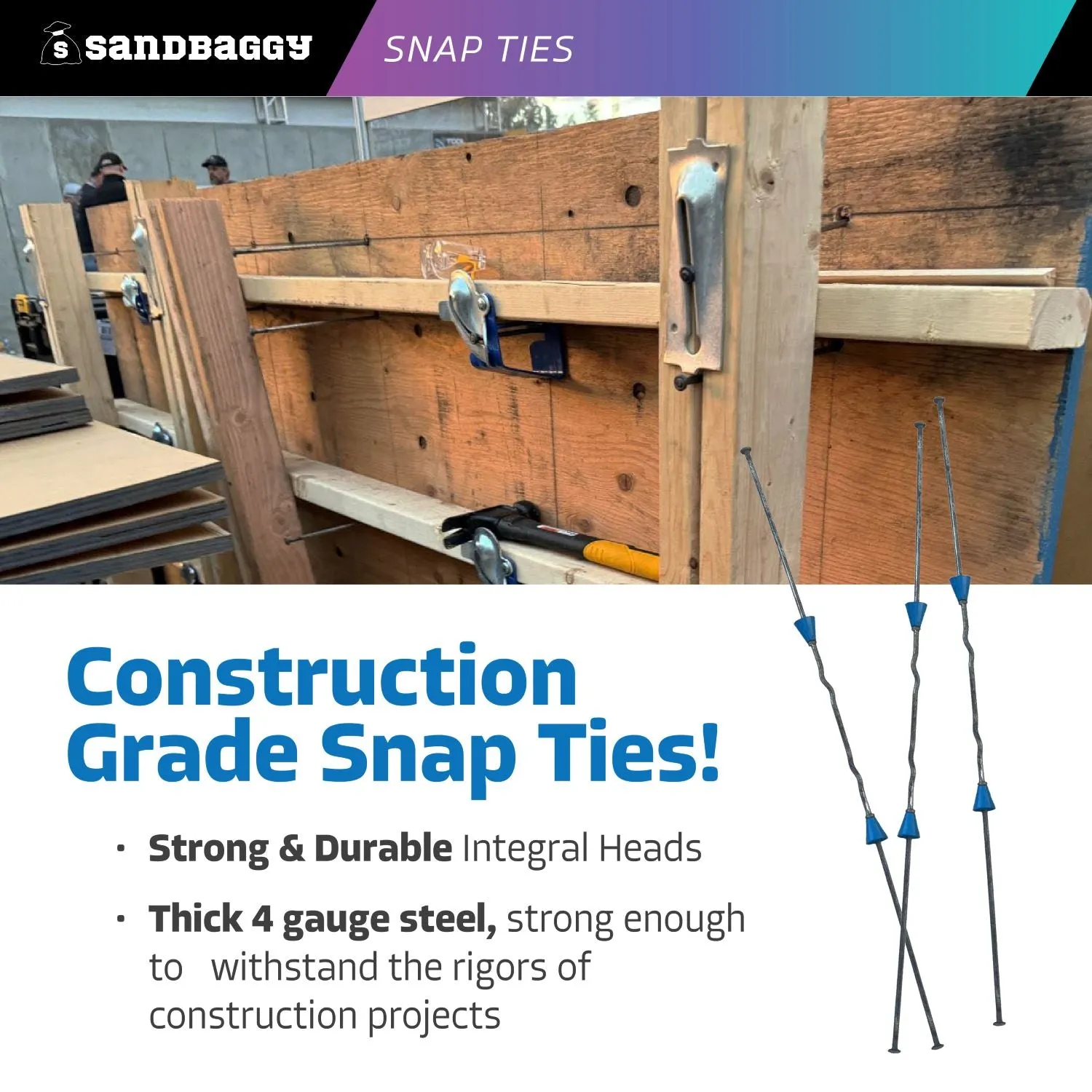 10" x 8 ¼" Standard Snap Ties For Concrete Forms (Long  End) - 1" Plastic Cones