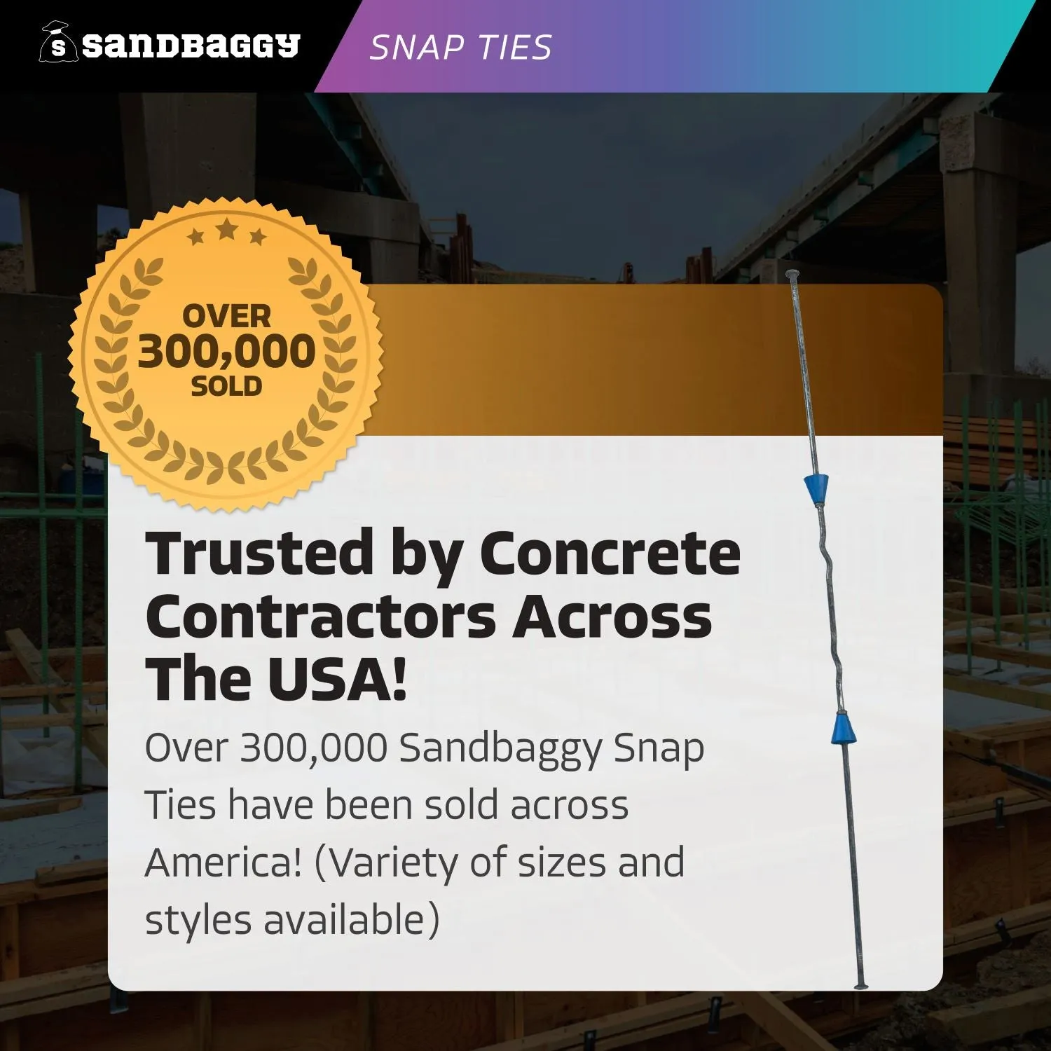 10" x 8 ¼" Standard Snap Ties For Concrete Forms (Long  End) - 1" Plastic Cones