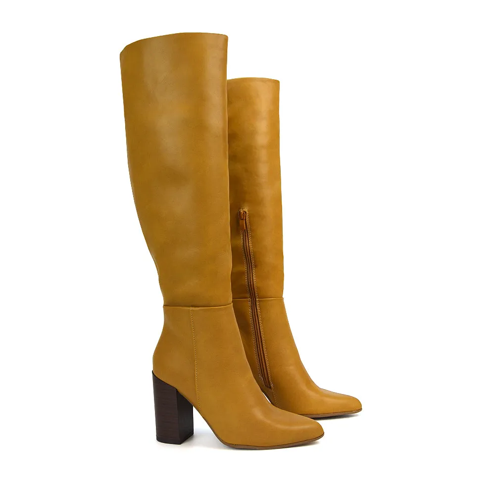 Arianna Block High Heel Pointed Toe Knee High Boots in Camel PU