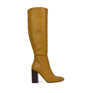 Arianna Block High Heel Pointed Toe Knee High Boots in Camel PU