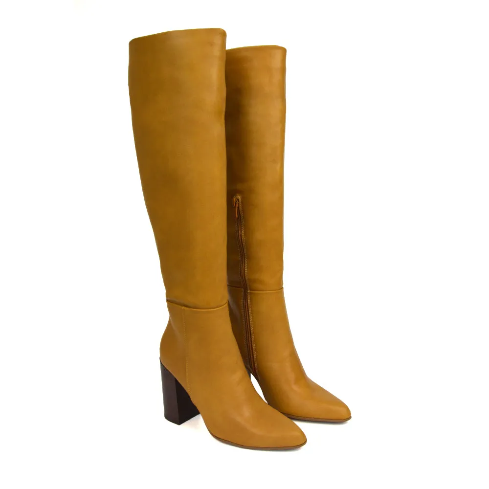 Arianna Block High Heel Pointed Toe Knee High Boots in Camel PU
