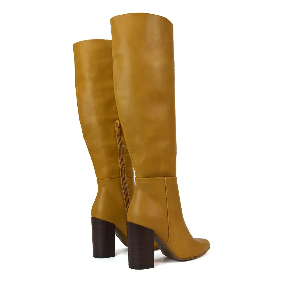Arianna Block High Heel Pointed Toe Knee High Boots in Camel PU