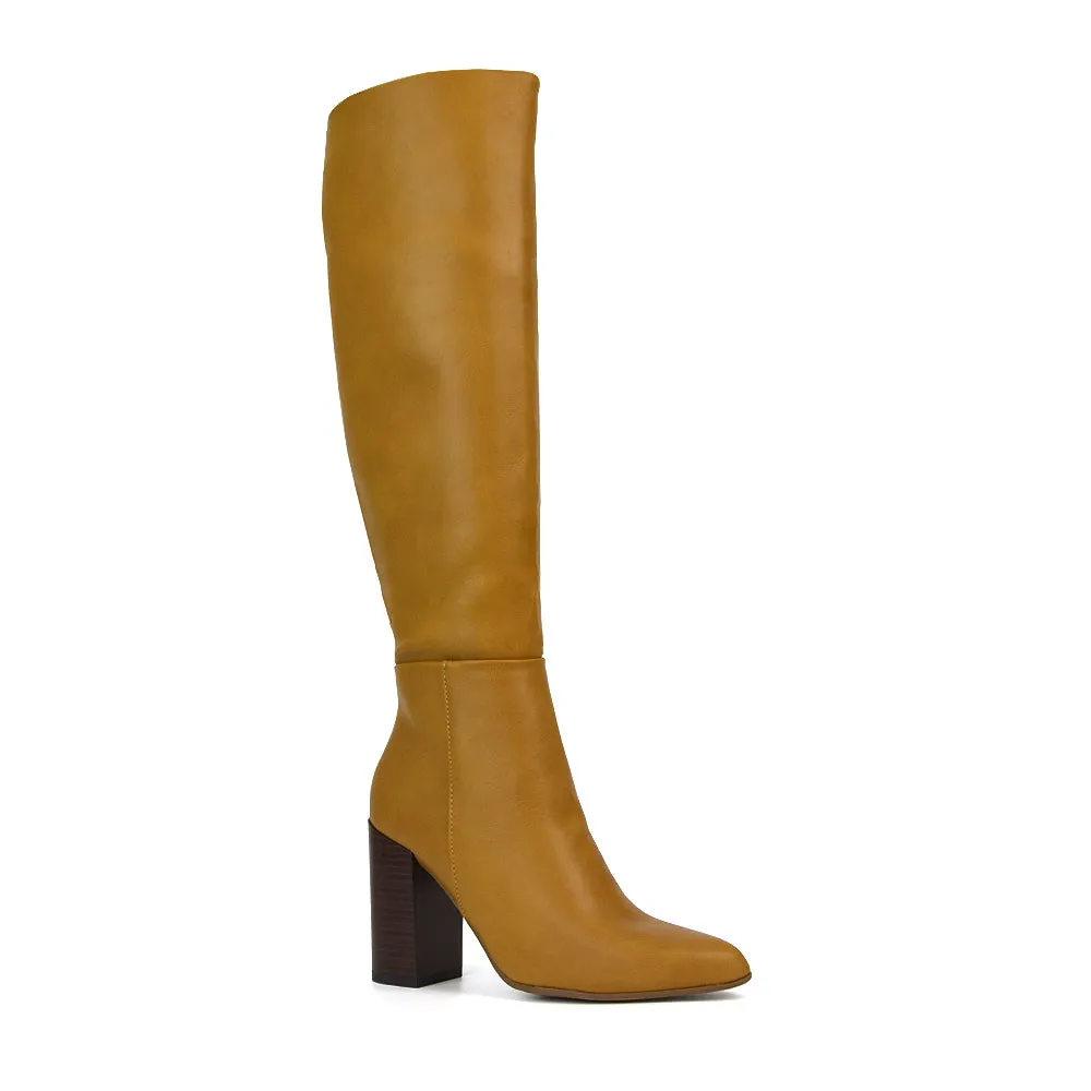 Arianna Block High Heel Pointed Toe Knee High Boots in Camel PU