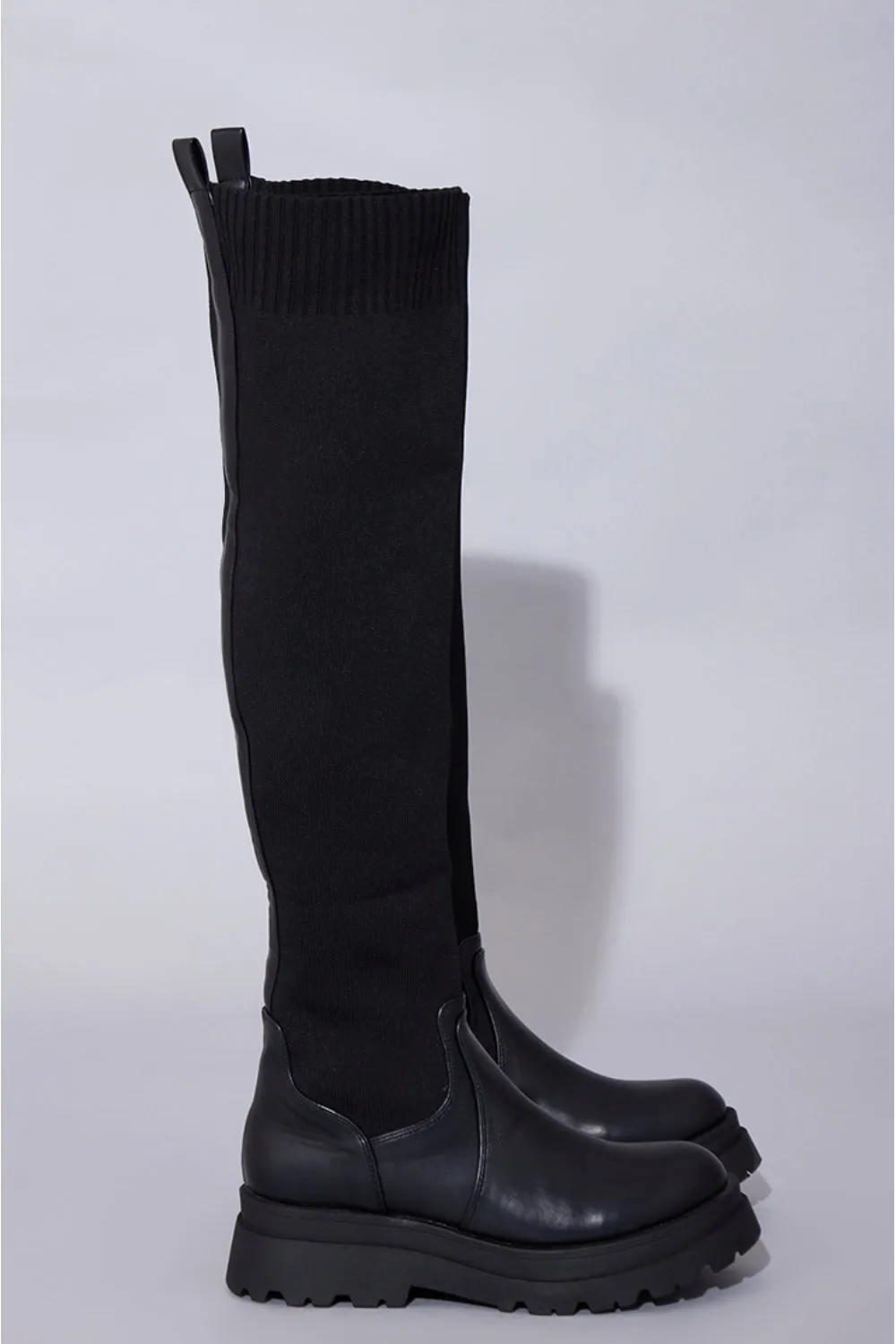 BLACK PU CHUNKY PLATFORM OVER THE KNEE KNITTED SOCK BOOTS
