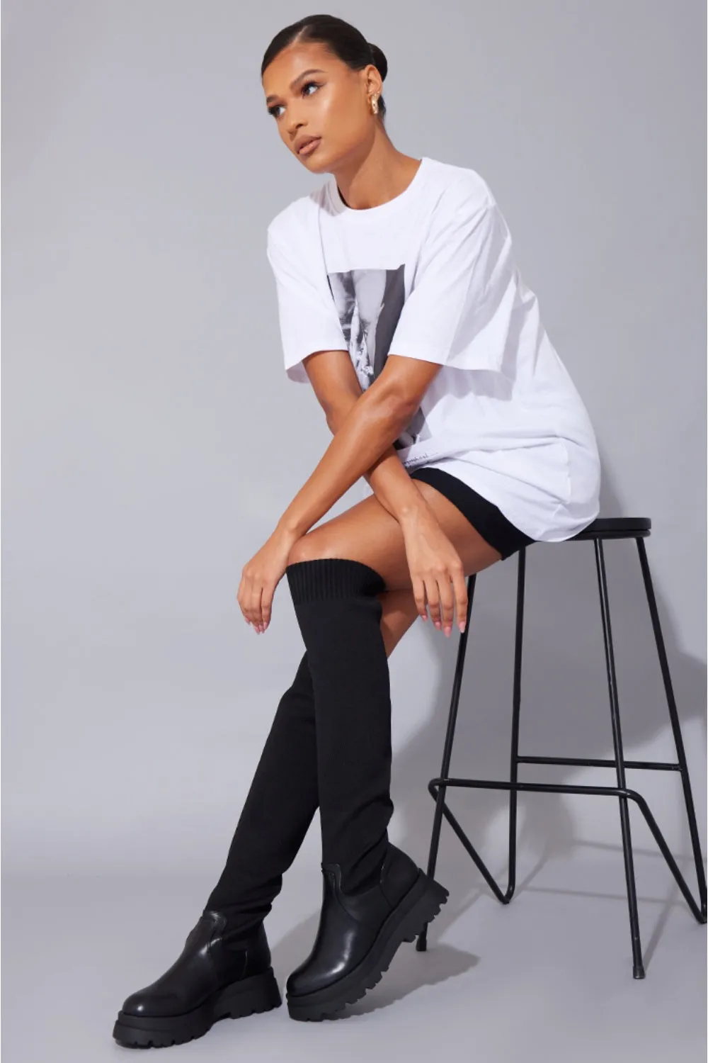 BLACK PU CHUNKY PLATFORM OVER THE KNEE KNITTED SOCK BOOTS
