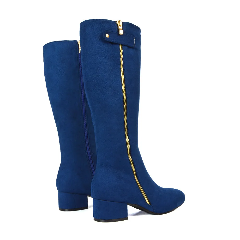 Darcy Low Block Heel Zip Up Knee High Long Boots in Black Faux Suede