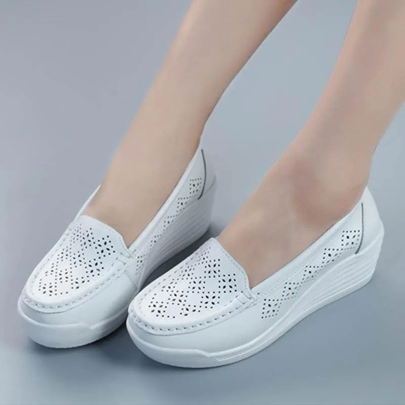 Genuine Leather Platform Wedges Shallow Mouth Slip-on High Heels
