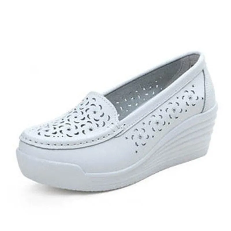 Genuine Leather Platform Wedges Shallow Mouth Slip-on High Heels