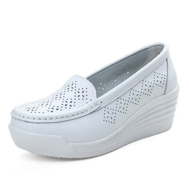 Genuine Leather Platform Wedges Shallow Mouth Slip-on High Heels