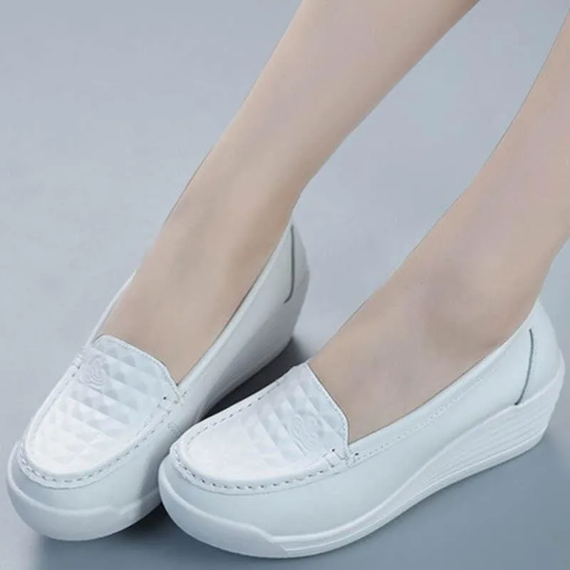 Genuine Leather Platform Wedges Shallow Mouth Slip-on High Heels