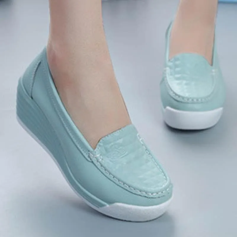 Genuine Leather Platform Wedges Shallow Mouth Slip-on High Heels
