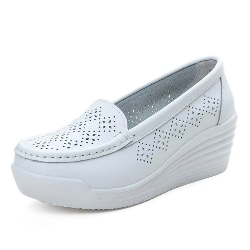 Genuine Leather Platform Wedges Shallow Mouth Slip-on High Heels