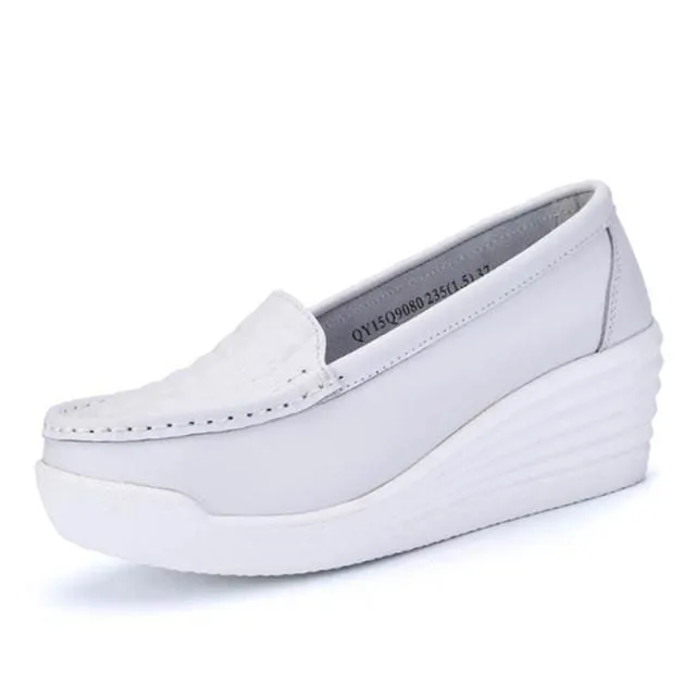 Genuine Leather Platform Wedges Shallow Mouth Slip-on High Heels