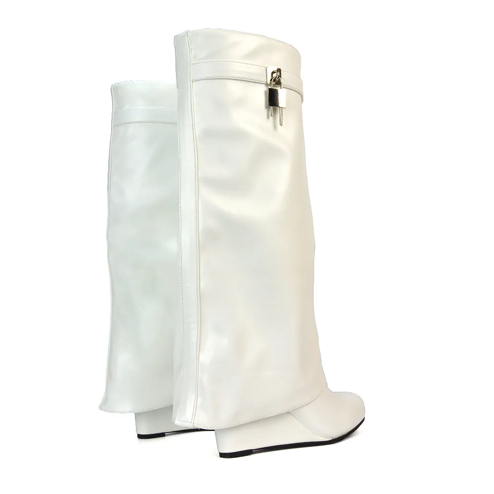 Gigi Wedge Heel Pull On Fold Over Knee High Boots With Buckle Detail in White Synthetic Leather