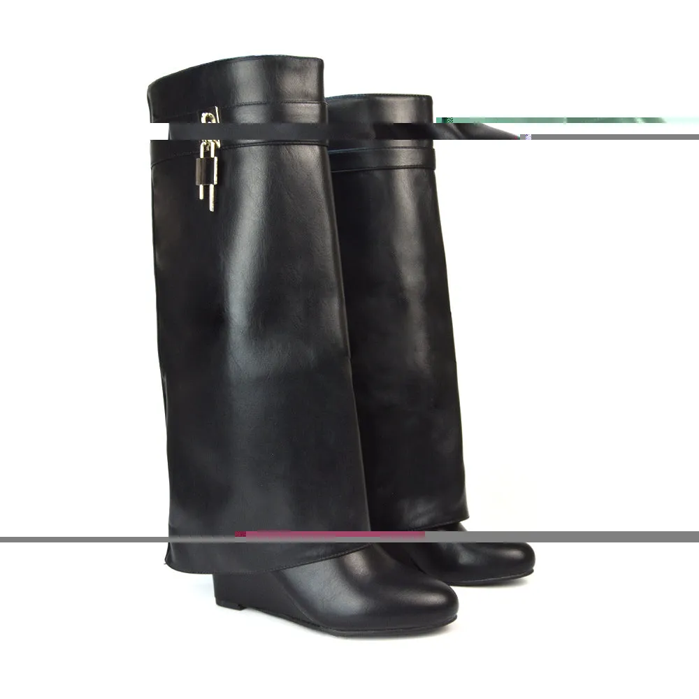 Gigi Wedge Heel Pull On Fold Over Knee High Boots With Buckle Detail in White Synthetic Leather