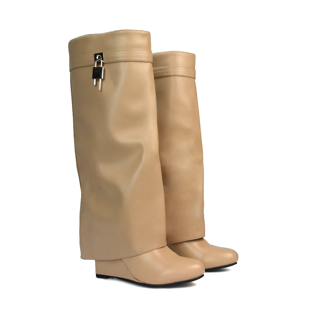 Gigi Wedge Heel Pull On Fold Over Knee High Boots With Buckle Detail in White Synthetic Leather