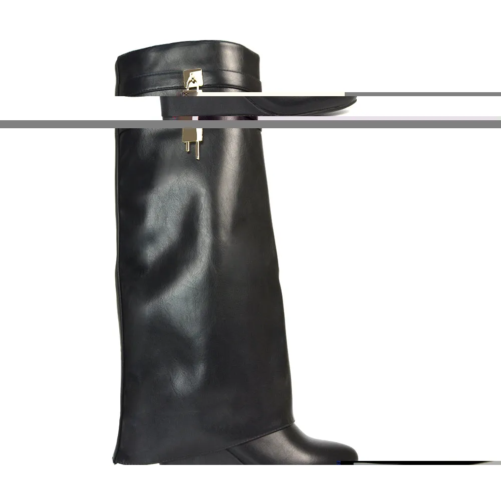 Gigi Wedge Heel Pull On Fold Over Knee High Boots With Buckle Detail in White Synthetic Leather