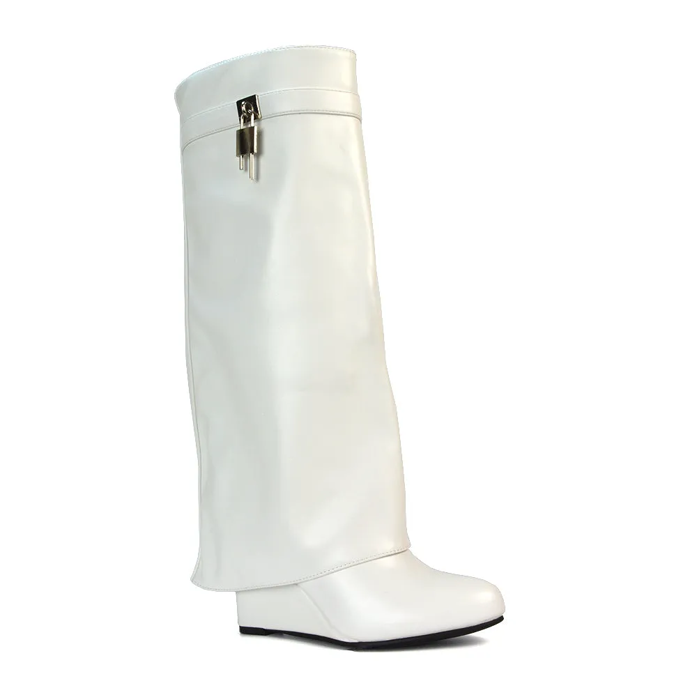 Gigi Wedge Heel Pull On Fold Over Knee High Boots With Buckle Detail in White Synthetic Leather