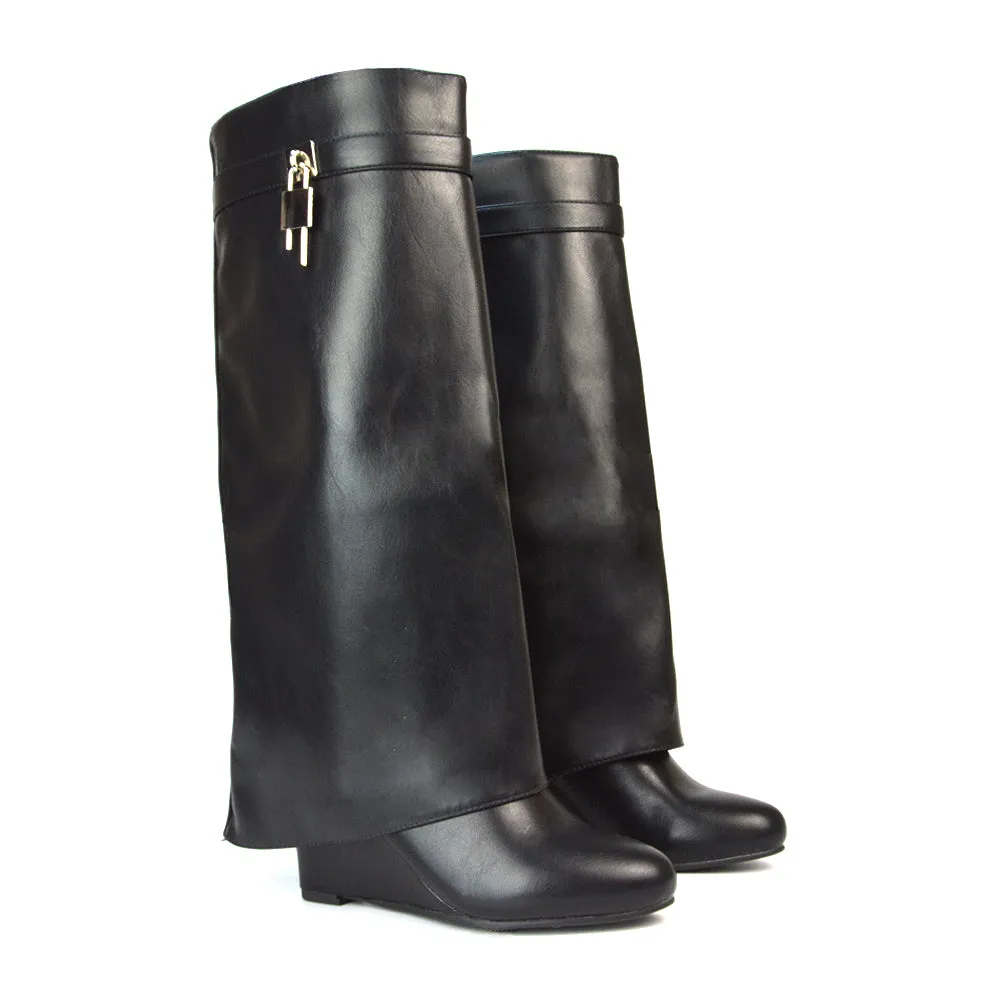 Gigi Wedge Heel Pull On Fold Over Knee High Boots With Buckle Detail in White Synthetic Leather