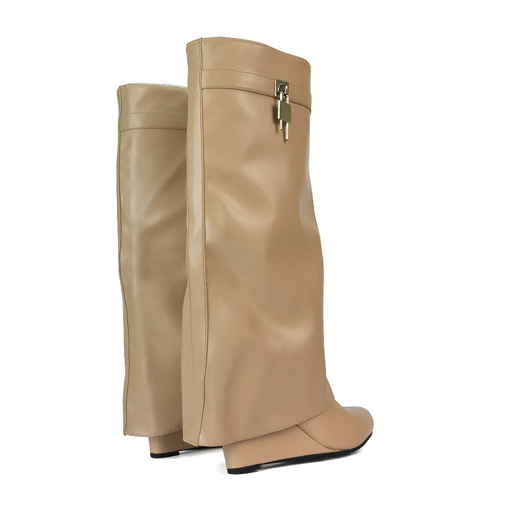 Gigi Wedge Heel Pull On Fold Over Knee High Boots With Buckle Detail in White Synthetic Leather