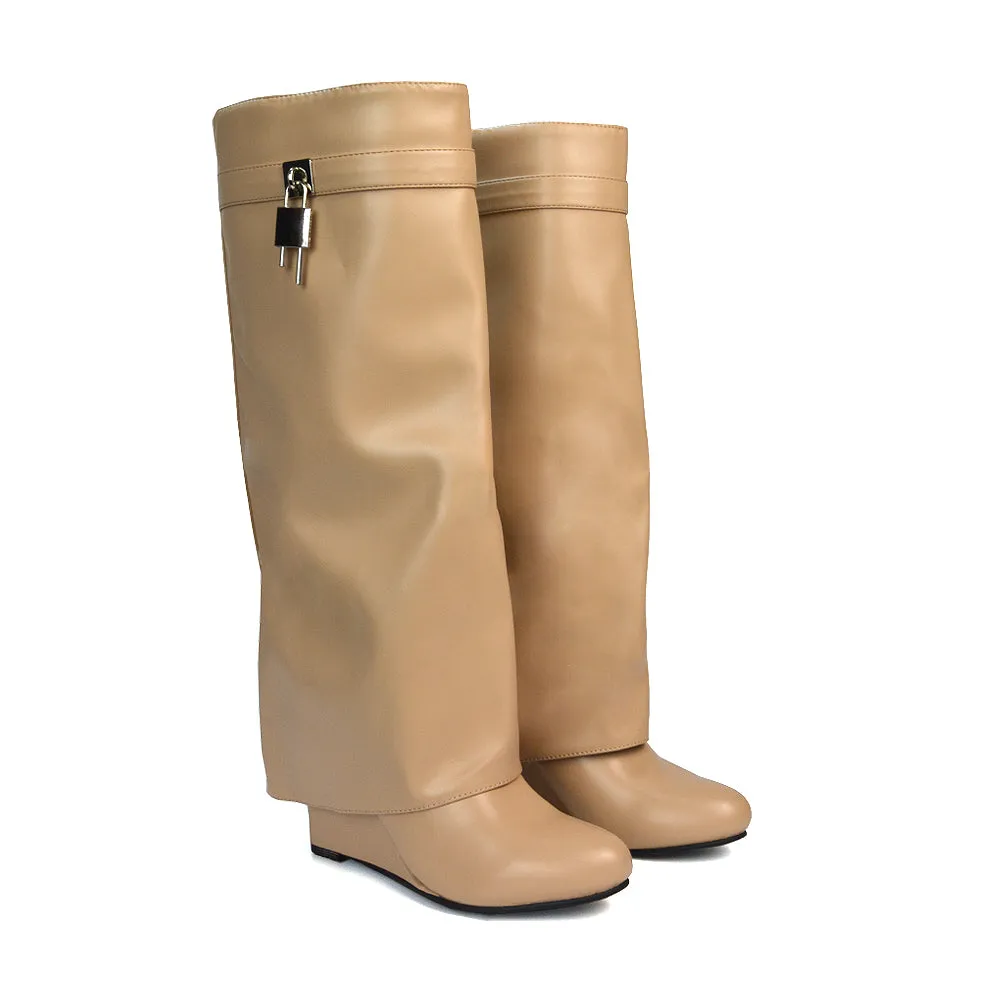 Gigi Wedge Heel Pull On Fold Over Knee High Boots With Buckle Detail in White Synthetic Leather