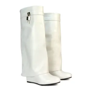 Gigi Wedge Heel Pull On Fold Over Knee High Boots With Buckle Detail in White Synthetic Leather