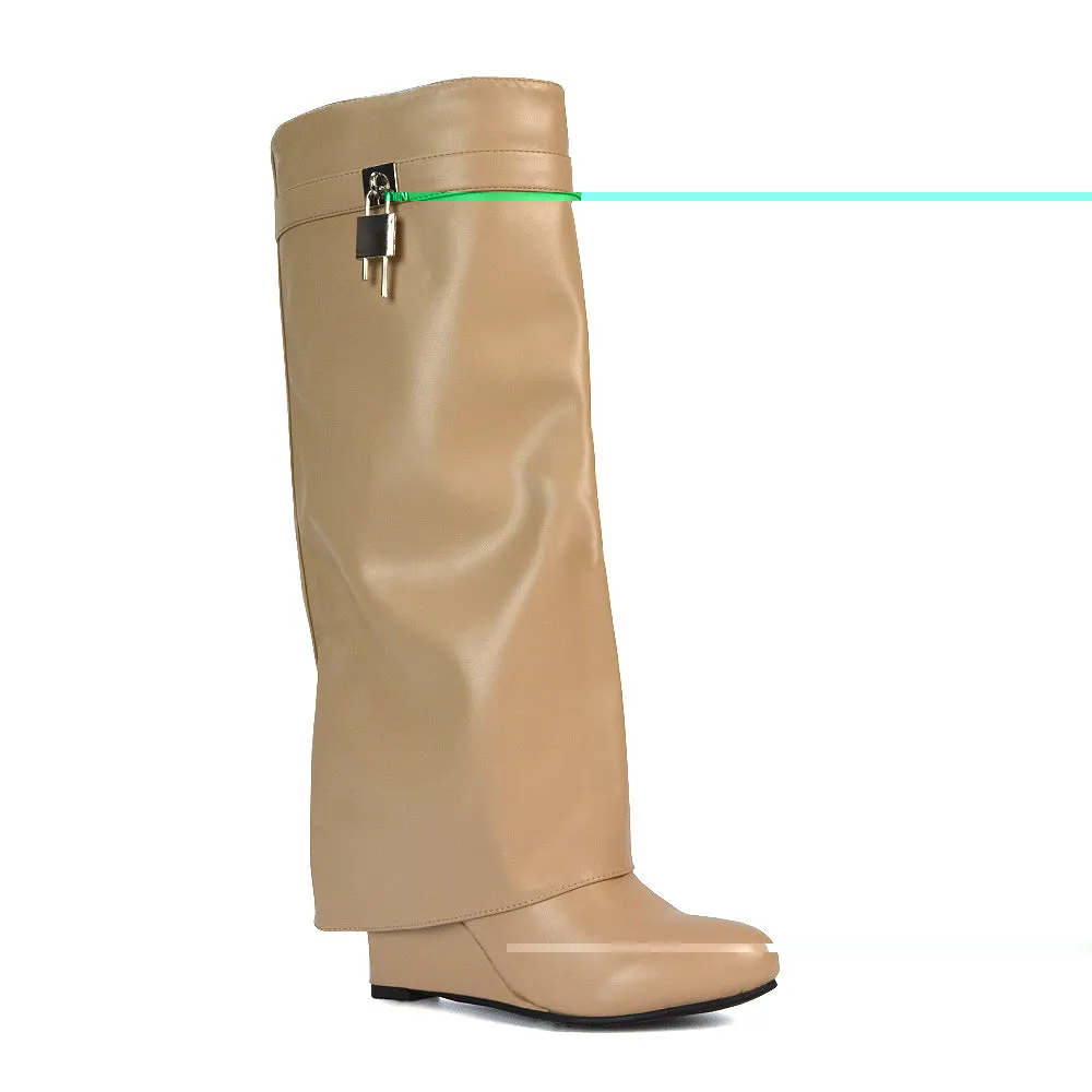 Gigi Wedge Heel Pull On Fold Over Knee High Boots With Buckle Detail in White Synthetic Leather