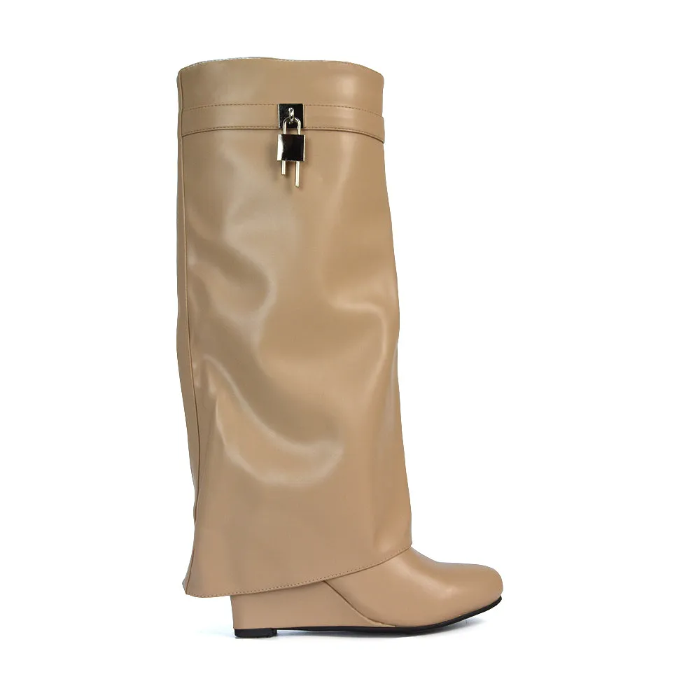 Gigi Wedge Heel Pull On Fold Over Knee High Boots With Buckle Detail in White Synthetic Leather