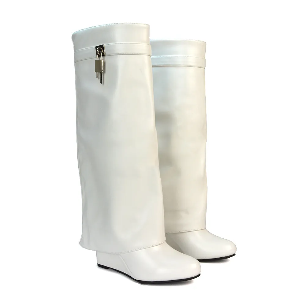 Gigi Wedge Heel Pull On Fold Over Knee High Boots With Buckle Detail in White Synthetic Leather