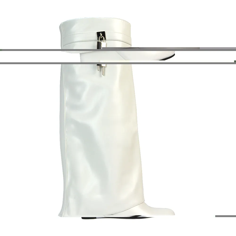 Gigi Wedge Heel Pull On Fold Over Knee High Boots With Buckle Detail in White Synthetic Leather