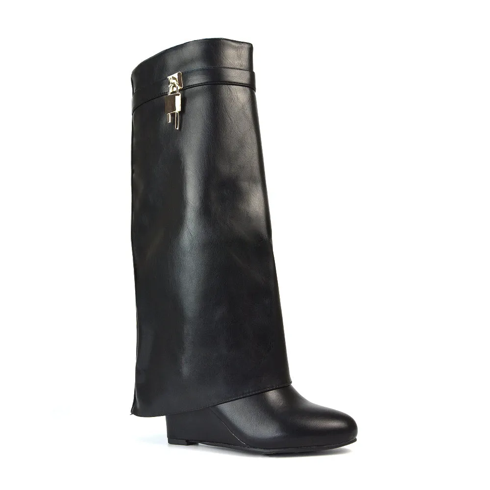 Gigi Wedge Heel Pull On Fold Over Knee High Boots With Buckle Detail in White Synthetic Leather