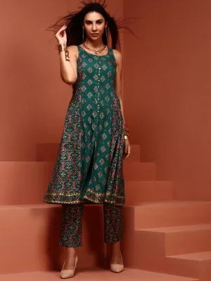 Green A-line Printed Kurta Set
