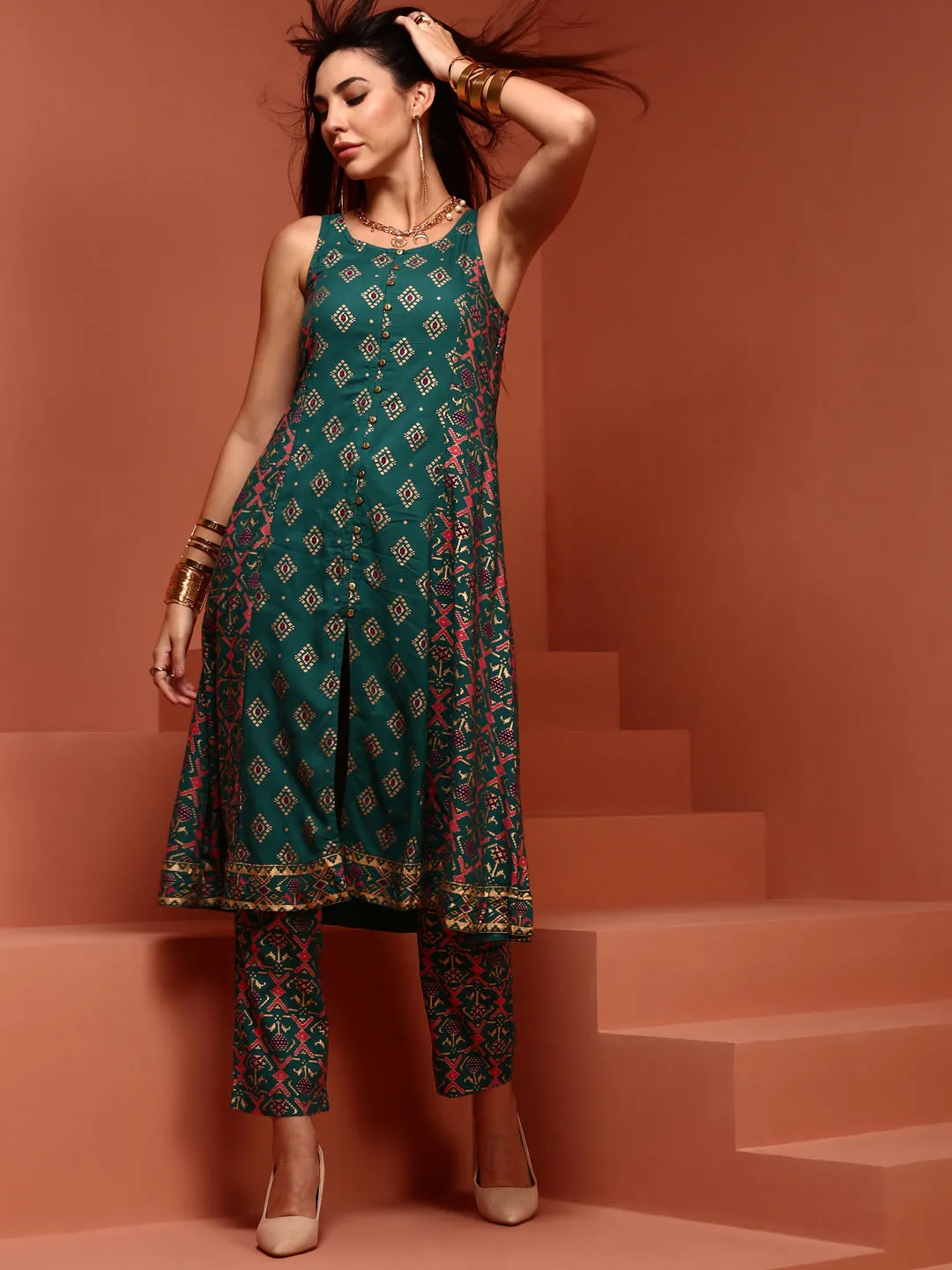 Green A-line Printed Kurta Set