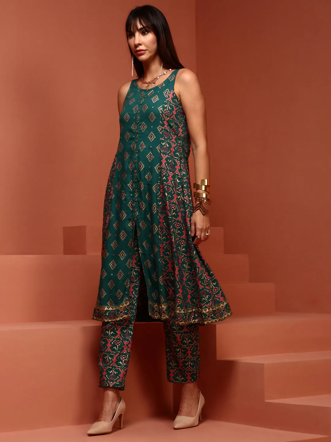 Green A-line Printed Kurta Set