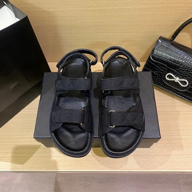 Korean Style Women’s Peep Toe Sandals – Hook & Loop Strap Platform Flats for Summer