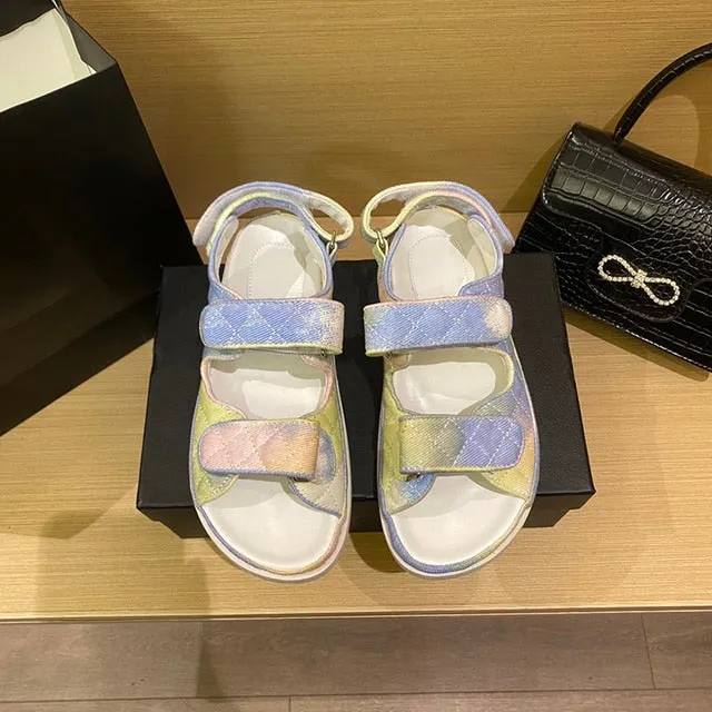 Korean Style Women’s Peep Toe Sandals – Hook & Loop Strap Platform Flats for Summer