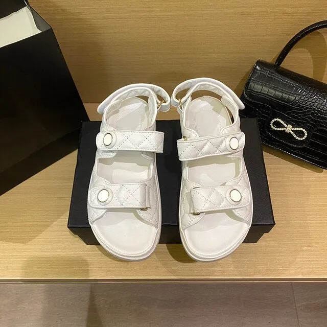 Korean Style Women’s Peep Toe Sandals – Hook & Loop Strap Platform Flats for Summer