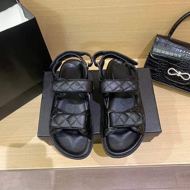 Korean Style Women’s Peep Toe Sandals – Hook & Loop Strap Platform Flats for Summer
