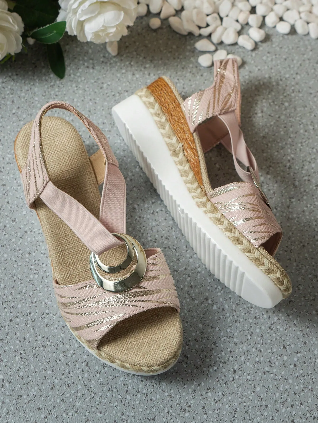 Ladies Big Buckle Wedge Heel Thick Sole Sandals - 2024 New Fashion Gold Stripe Pattern Elastic Band Wedge Heel Thick Sole Sandals