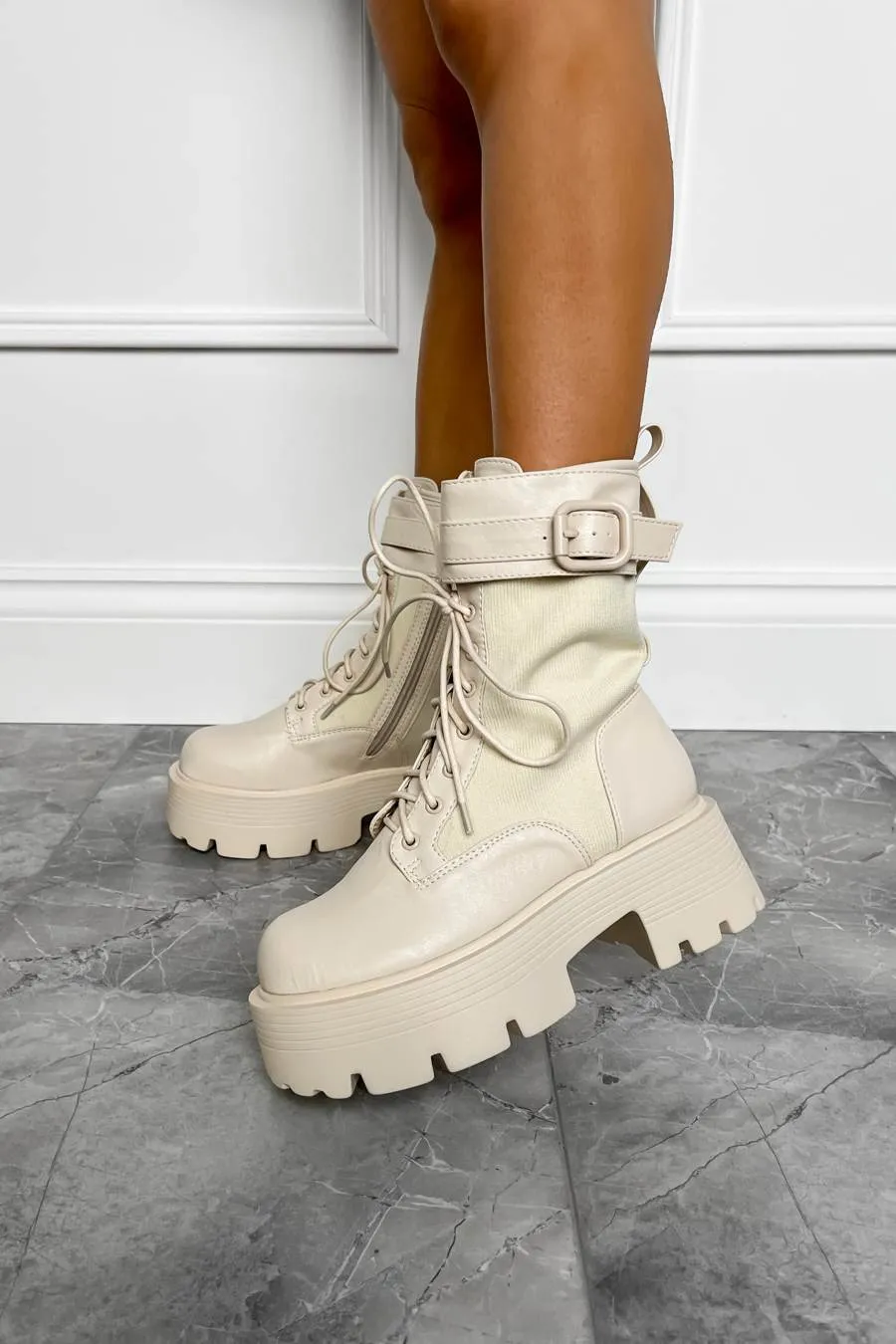 LEONNA Chunky Buckle Ankle Boots - Beige