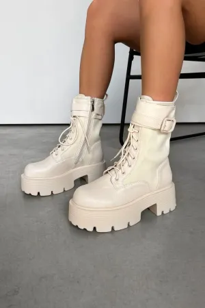 LEONNA Chunky Buckle Ankle Boots - Beige