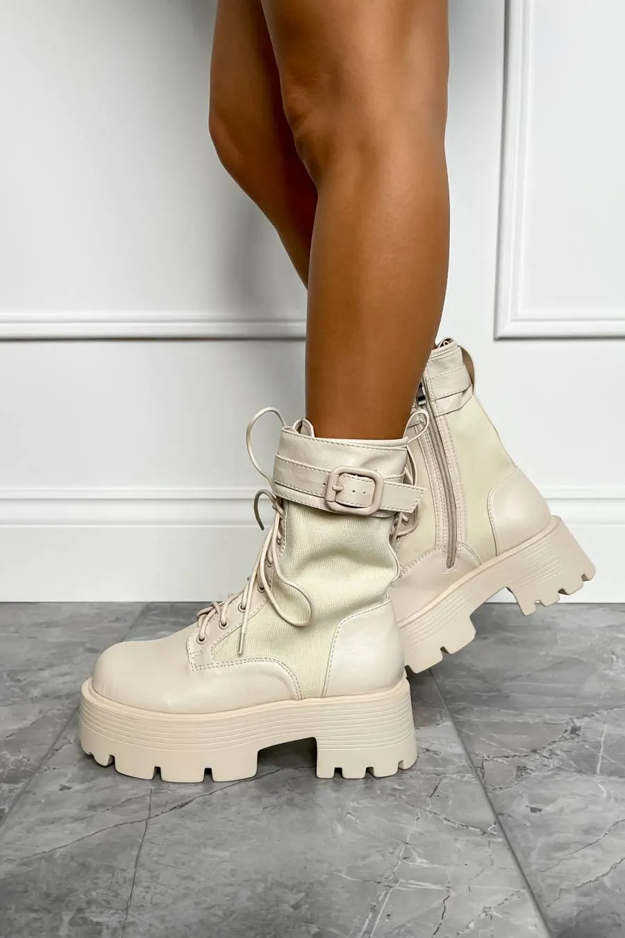 LEONNA Chunky Buckle Ankle Boots - Beige
