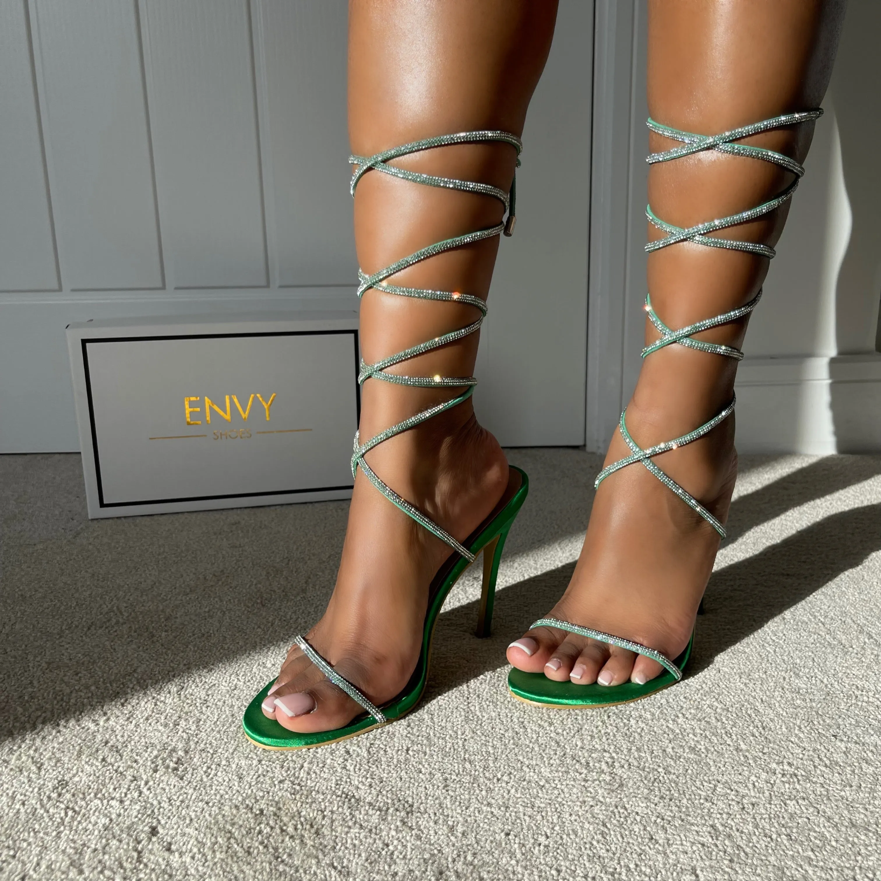 'LIMELIGHT' GREEN SATIN LACE UP DIAMANTE HEELS