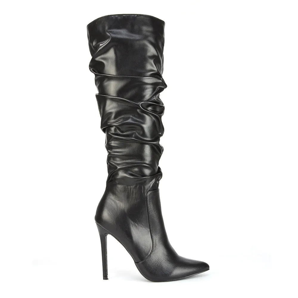 Milani Statement Ruched Pointed Toe Stiletto High Heel Knee High Boots in White Synthetic Leather