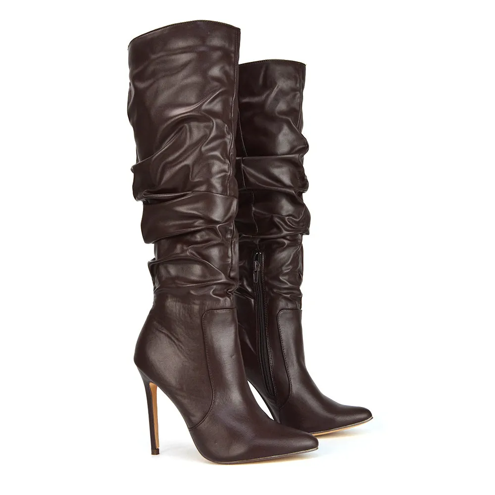 Milani Statement Ruched Pointed Toe Stiletto High Heel Knee High Boots in White Synthetic Leather