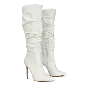 Milani Statement Ruched Pointed Toe Stiletto High Heel Knee High Boots in White Synthetic Leather
