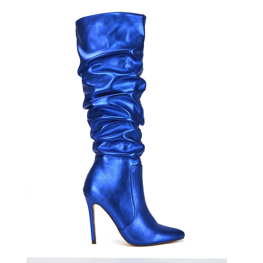 Milani Statement Ruched Pointed Toe Stiletto High Heel Knee High Boots in White Synthetic Leather
