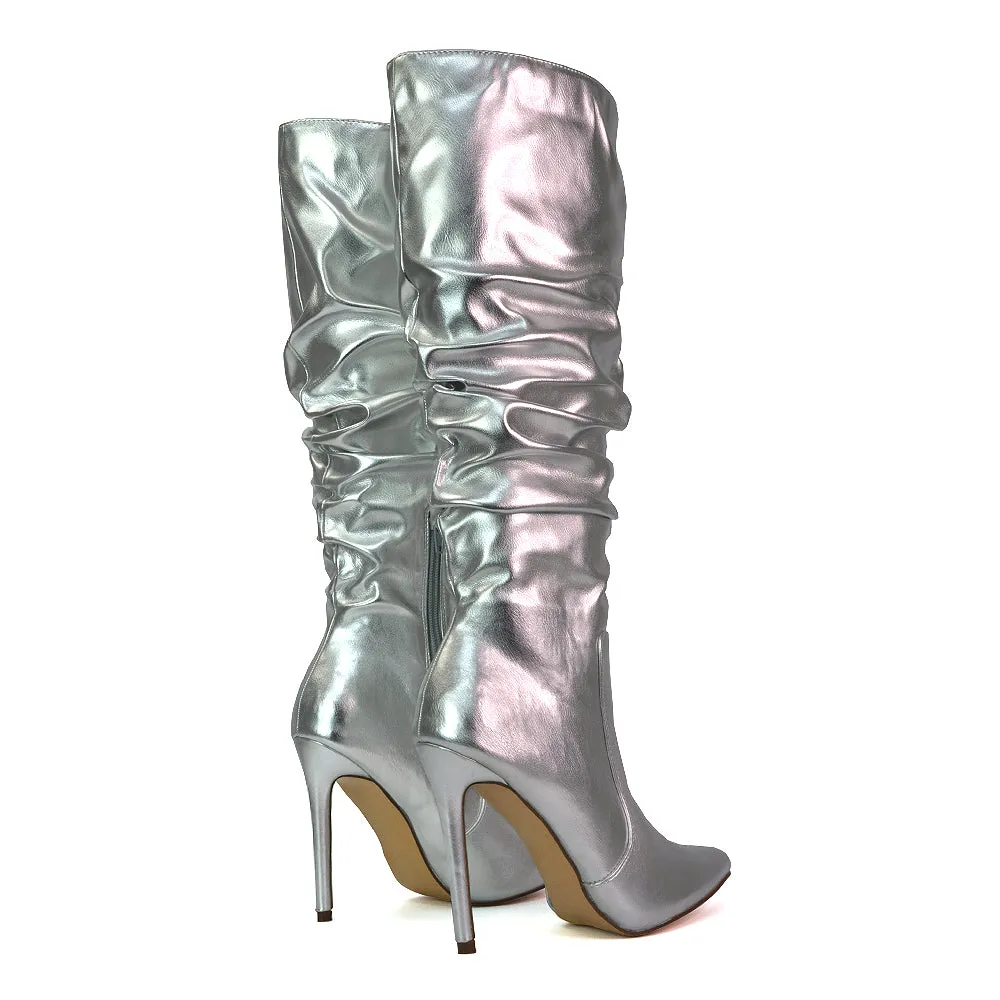 Milani Statement Ruched Pointed Toe Stiletto High Heel Knee High Boots in White Synthetic Leather
